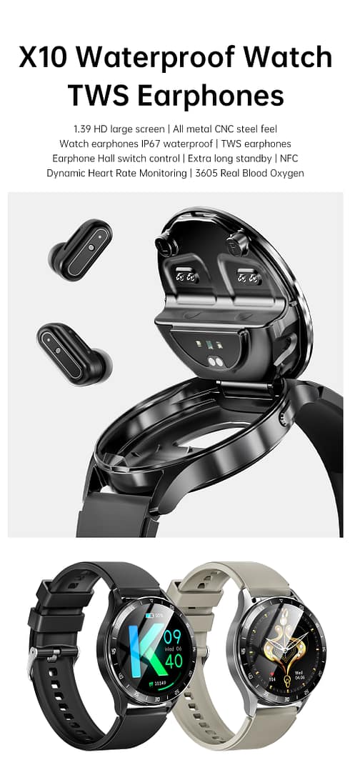 X10 Smart Watch With Built in TWS Earbuds 2 in 1